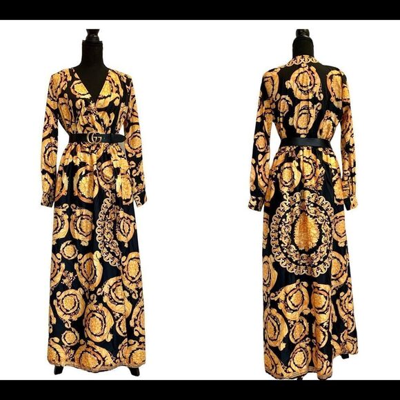 YELLOW black chain print Versace inspired maxi dress Sz M - Picture 1 of 15